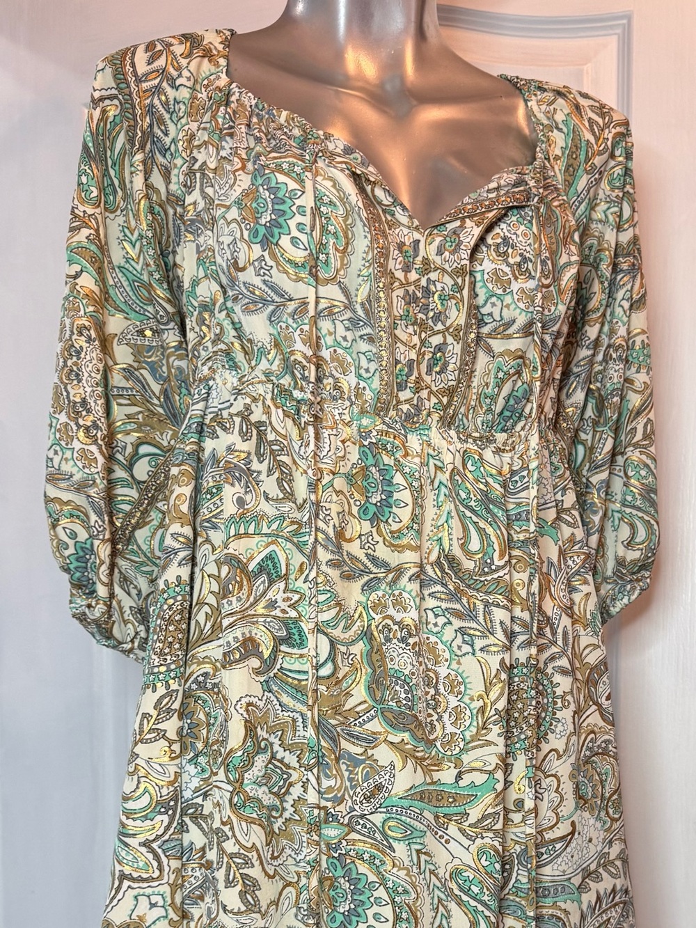 Earthbound Trading Co. Paisley Mini Dress in Green & Brown Size XL